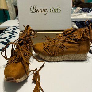 Beauty Girls Fringed Suedette Spadrille, Camel Brown style 89-71